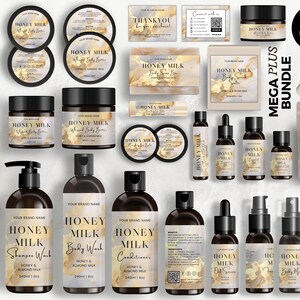 May include: A set of 50+ cosmetic product label templates featuring a honey and almond milk theme. The labels are designed in a marbleized style with gold accents. The labels are for a variety of products, including shampoo, body wash, conditioner, oil serum, body mist, and hair oil.