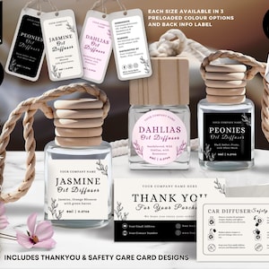 Editable Car Diffuser Label Templates, Canva Hanging Fragrance Design, Air Freshener Bottle Label, Essential Oil Diffuser Care Card, CBK3