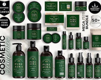 May include: A set of 50+ cosmetic product label templates featuring a green and gold color scheme with the text "Pure Aura" and a botanical illustration. The templates are editable in Canva and include labels for body lotion, body wash, shampoo, bath salts, and more.