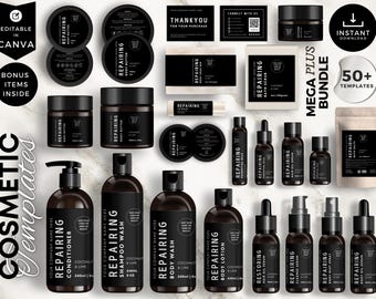 May include: A set of 50+ black and white cosmetic product label templates for use in Canva. The templates feature a modern, minimalist design with the word "Repairing" and product names like "Body Butter", "Body Lotion", "Body Wash", and "Hair Oil Serum".