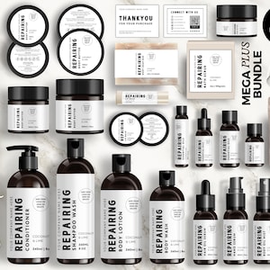 May include: A set of 50+ cosmetic product label templates in a variety of styles. The templates feature a modern, minimalist design with a black and white color scheme. The labels are designed for use with body butter, shampoo, conditioner, body wash, body lotion, hand serum, body oil mist, and hair oil serum. The labels are editable in Canva.