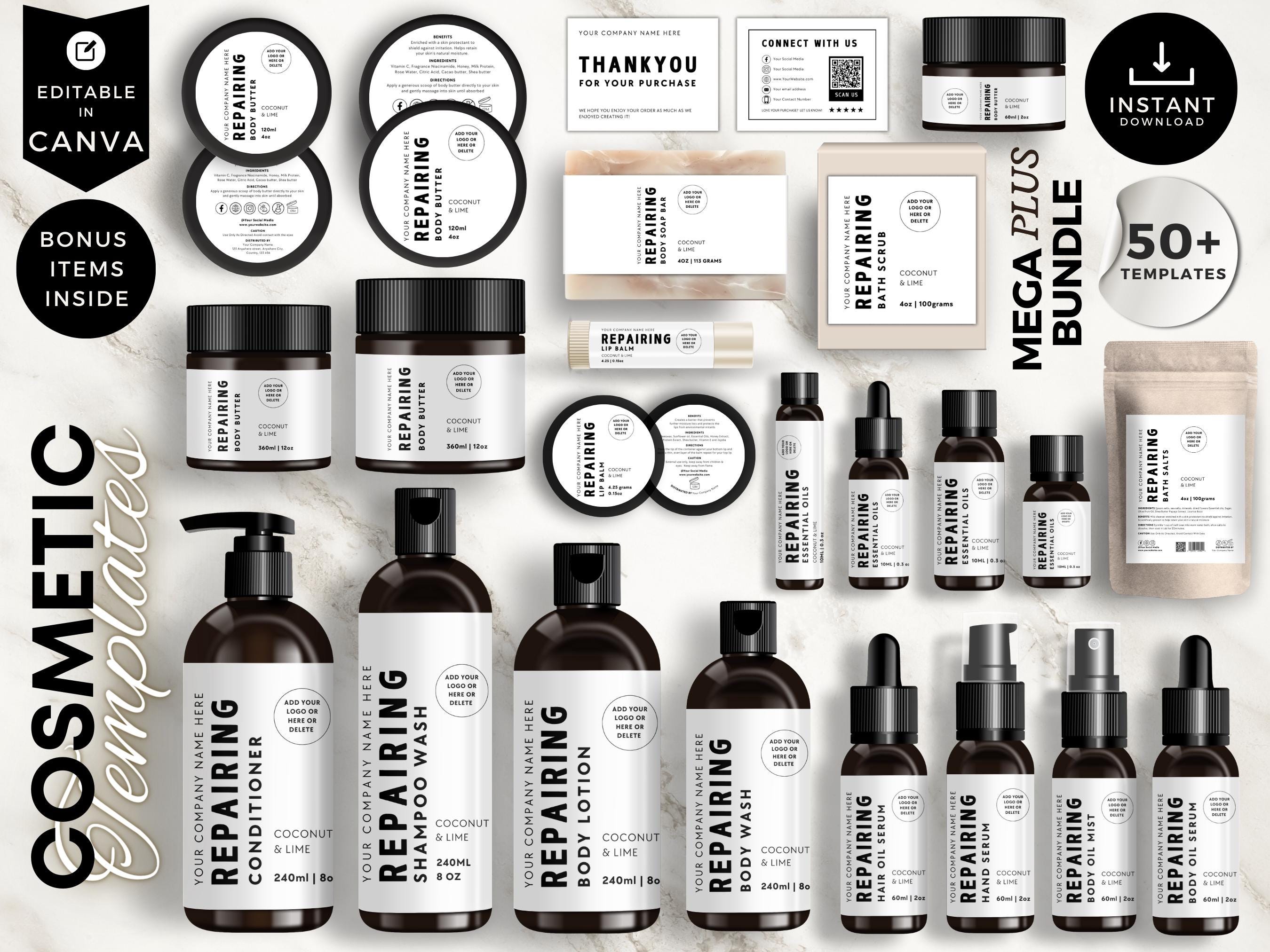 Editable Cosmetic Label Templates, Custom Body Product Label, DIY Skincare Label, Beauty Sticker Design, Bottle and Jar Labels, White, CBW9