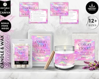 Könnte beinhalten: Ein Satz Etiketten für Kerzen und Wachs-Schmelzen mit einem holografischen rosa und blauen Design. Die Etiketten tragen den Text "coiton cloud" und "Strawberry & Honey". Die Etiketten sind in 12+ Größen erhältlich.