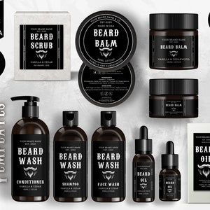May include: A set of black and white beard care product labels with a vintage design. The labels feature illustrations of beards and the text "Beard Scrub", "Beard Balm", "Beard Wash", "Beard Oil", and "Beard Conditioner".