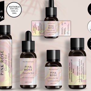 May include: Four sizes of pink rose essential oil bottles with marble-patterned labels. The labels include the text "Pink Rose Essential Oil" and "Pure & Natural Oil Blend". The bottles are 5ml, 10ml, and 15ml.
