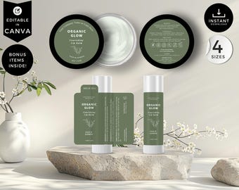 May include: A set of four printable labels for lip balm, featuring a green and white design with the text "Organic Glow Nourishing Lip Balm". The labels are designed for use with lip balm tubes and jars.