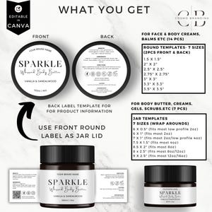 K&ouml;nnte beinhalten: Ein Produkt-Branding-Template mit dem Text "SPARKLE Whipped Body Butter" in Schwarz und Wei&szlig;. Das Bild enth&auml;lt Designs f&uuml;r Vorder- und R&uuml;cketiketten, Vorlagen f&uuml;r Gl&auml;ser und runde Vorlagen f&uuml;r Gesichts- und K&ouml;rpercremes. Das Produkt ist Vanille & Sandelholz.