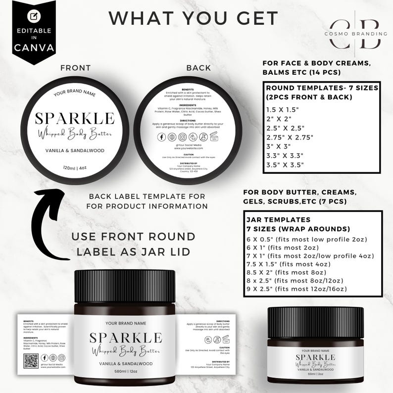 K&ouml;nnte beinhalten: Ein Produkt-Branding-Template mit dem Text "SPARKLE Whipped Body Butter" in Schwarz und Wei&szlig;. Das Bild enth&auml;lt Designs f&uuml;r Vorder- und R&uuml;cketiketten, Vorlagen f&uuml;r Gl&auml;ser und runde Vorlagen f&uuml;r Gesichts- und K&ouml;rpercremes. Das Produkt ist Vanille & Sandelholz.
