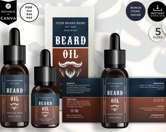 Editable Oil Dropper Bottle Label, DIY Essential Oil Template, Beard Hair Oil Design, 1oz, 2oz, 4oz, Men Beard Care Product Packaging, CBB1