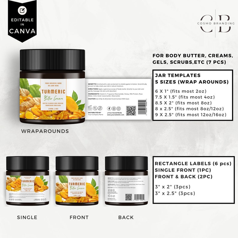Tumeric Labels Editable Jar Label Templates, DIY Cosmetic Product Canva Label Design ...