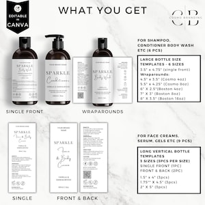 K&ouml;nnte beinhalten: Bild mit Produktetiketten-Vorlagen f&uuml;r Duschgel, Conditioner und Gesichtscreme. Die Etiketten sind f&uuml;r die Marke "Sparkle" mit dem Duft "Vanilla & Sandalwood". Enth&auml;lt Gr&ouml;&szlig;en f&uuml;r gro&szlig;e und lange vertikale Flaschenvorlagen, mit Abmessungen in cm.