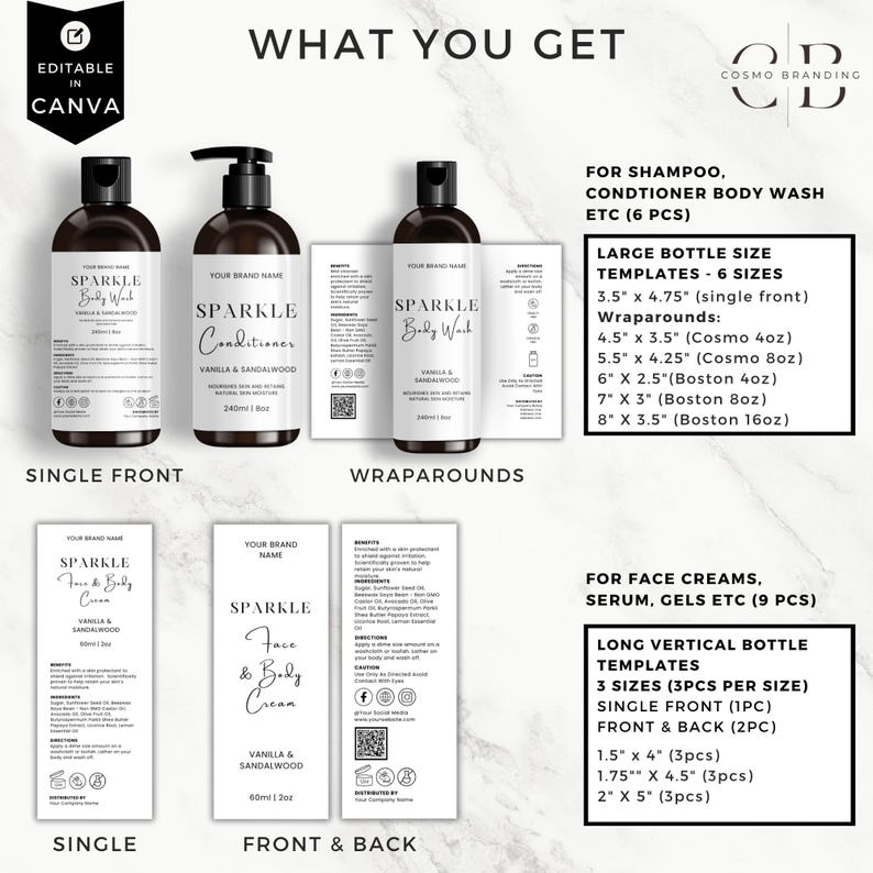 K&ouml;nnte beinhalten: Bild mit Produktetiketten-Vorlagen f&uuml;r Duschgel, Conditioner und Gesichtscreme. Die Etiketten sind f&uuml;r die Marke "Sparkle" mit dem Duft "Vanilla & Sandalwood". Enth&auml;lt Gr&ouml;&szlig;en f&uuml;r gro&szlig;e und lange vertikale Flaschenvorlagen, mit Abmessungen in cm.