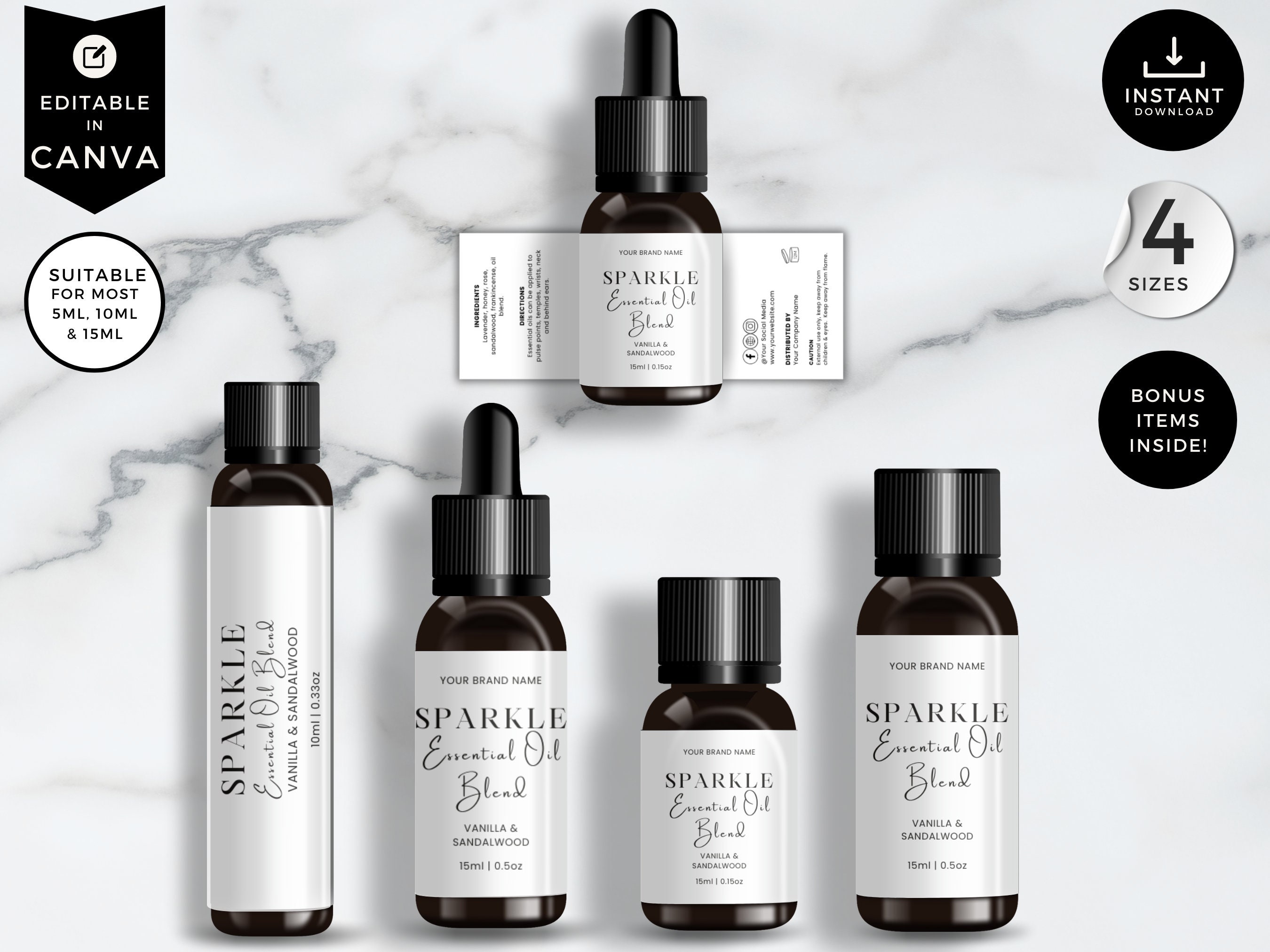 Editable Essential Oil Label Templates, Roller Bottle Labels, 5ml, 10ml, 15ml, Minimal Design Labels, DIY Canva Product Labels, White, CBW3