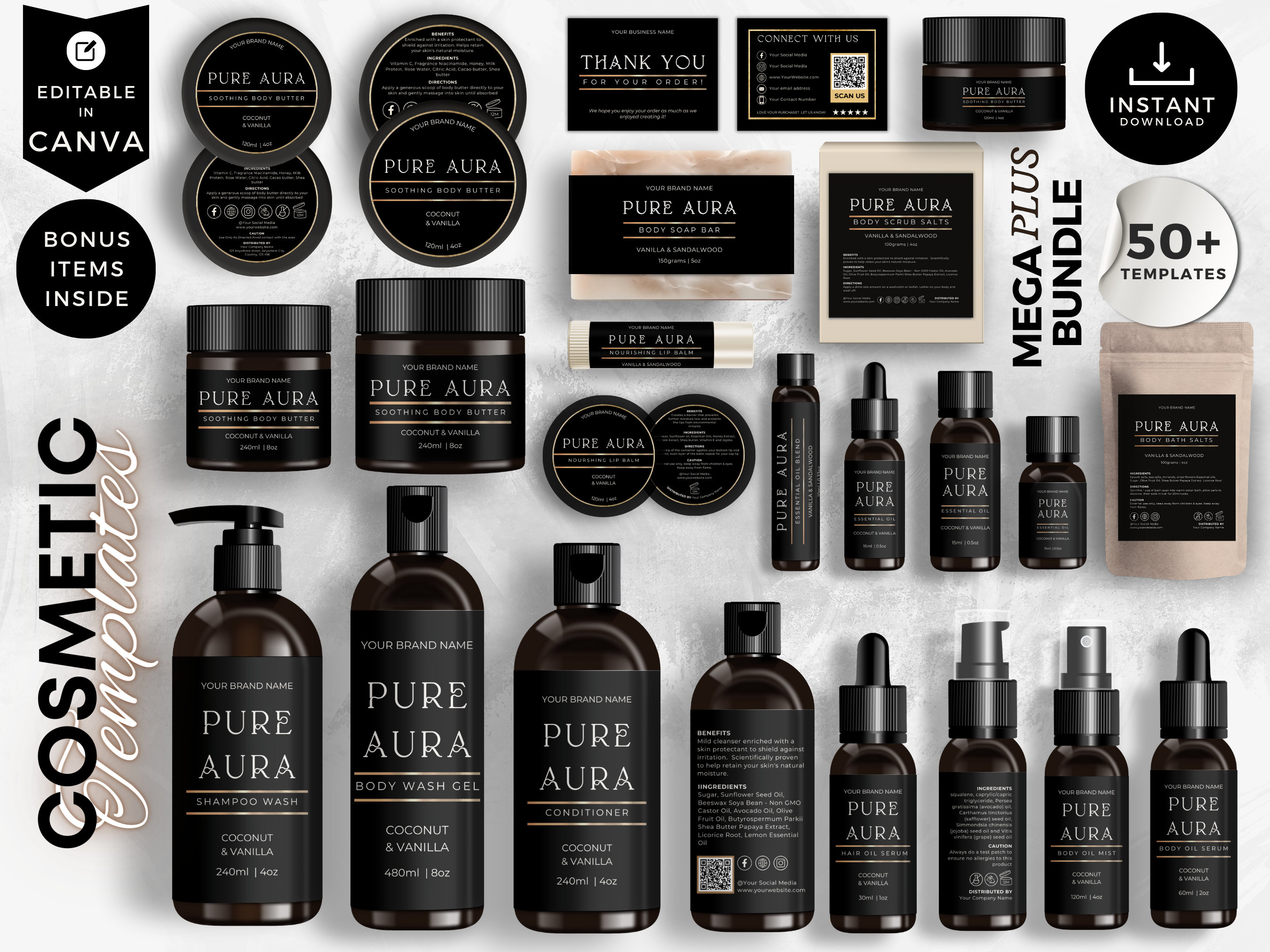 Editable Cosmetic Label Templates, Custom Body Product Label, DIY Skincare Label, Beauty Sticker Design, Bottle and Jar Labels, Black, CBG5