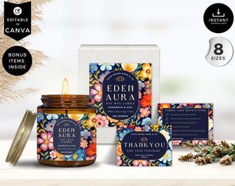 Puede incluir: Un conjunto de etiquetas para velas con un diseño floral. Las etiquetas incluyen el texto "Eden Aura Soy Wax Candle" y "Chamomile & Acai". Las etiquetas están disponibles en varios tamaños y son perfectas para agregar un toque de elegancia a tus velas.