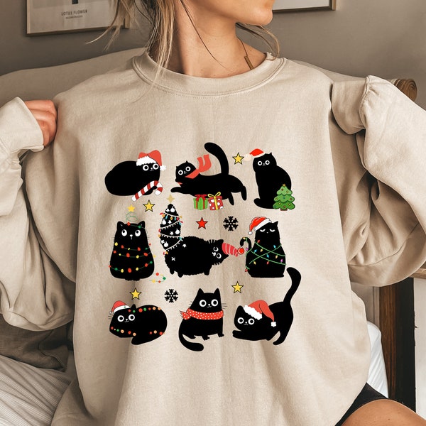 Christmas Black Cat Sweatshirt, Black Cat Christmas Shirt, Cat Lover Gift, Cat Mom Sweater,Xmas Gift, Holiday Hoodie, Kitten Christmas Shirt