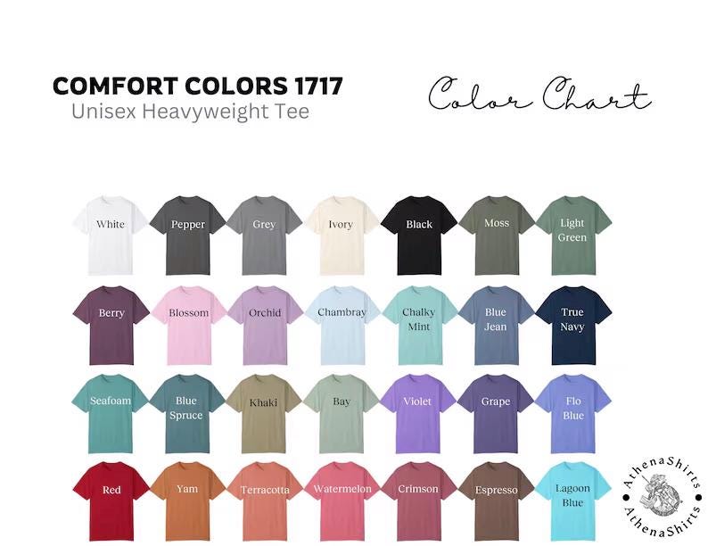 May include: Color chart showing 24 different colors of unisex heavyweight t-shirts. The colors include white, pepper, grey, ivory, black, moss, light green, berry, blossom, orchid, chambray, chalky mint, blue jean, true navy, seafoam, blue spruce, khaki, bay, violet, grape, flo blue, red, yam, terracotta, watermelon, crimson, espresso, and lagoon blue.