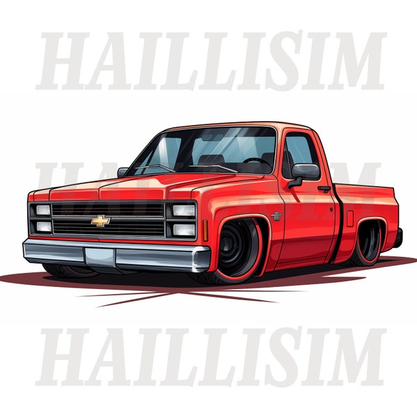 1980s Chevy C10 Pickup Digital Illustration Art  PNG Transparent Background and White Background 4K Resolution Clip Art Red