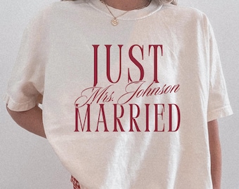 Custom Mrs. Shirt, Personalized Just Married Comfort Colors Tshirt, Newly Engaged Gift, Couples Wedding Honeymoon Shirts, Bridal Shower Gift