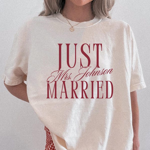 Custom Mrs. Shirt, Personalized Just Married Comfort Colors Tshirt, Newly Engaged Gift, Couples Wedding Honeymoon Shirts, Bridal Shower Gift