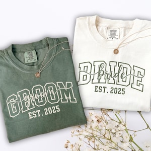 Custom Bride And Groom Shirts, Comfort Colors Honeymoon Tees, Personalized Wedding Gift, Matching Est Couple T-Shirts, Wedding Party Tee