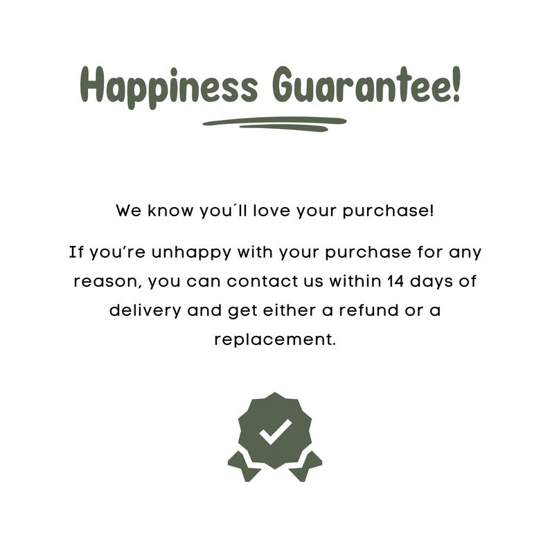 a message that reads "Happiness Guarantee! We know you'll love your purchase" and provides a contact number for customer service.