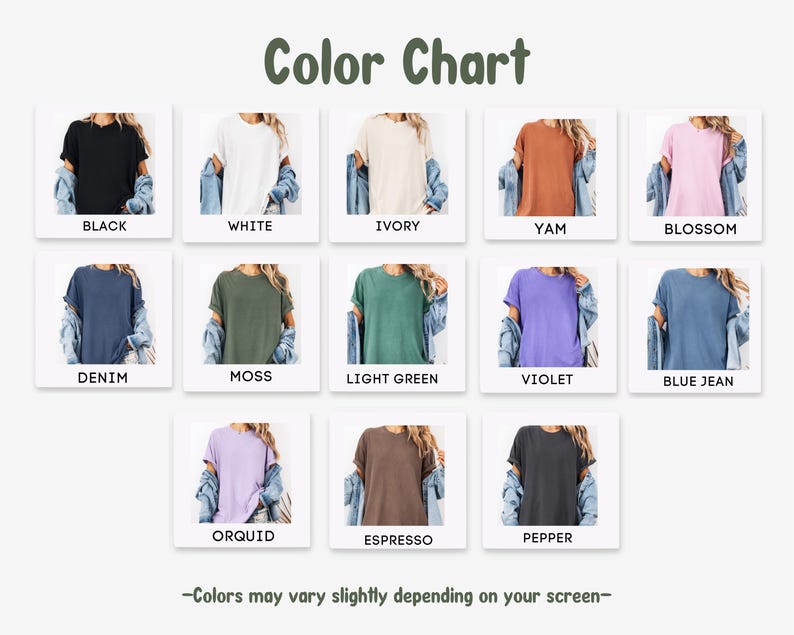 K&ouml;nnte beinhalten: Eine Farbkarte mit zw&ouml;lf kurz&auml;rmeligen T-Shirts in verschiedenen Farbt&ouml;nen wie Schwarz, Wei&szlig;, Elfenbein, Yam, Blossom, Denim, Moss, Hellgr&uuml;n, Violett, Blue Jean, Orchid und Pepper, inklusive dem Text Color Chart und einem Hinweis.