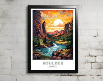 Boulder Colorado Nature-Inspired Art Nouveau Travel Poster, Mountain Landscape, Vibrant Colors, Romantic, Abstract, Digital