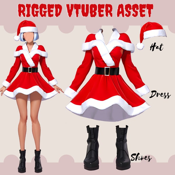 Vtuber Asset - Tenue vtuber truquée | Actif vestimentaire| Vêtements Vtuber | , jupe Vtuber. L'atout de Noël Vtuber, ROBE DE NOL VTUBER