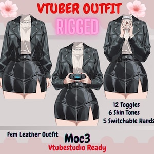 May include: A digital illustration of a black leather outfit for a VTuber. The outfit includes a jacket, skirt, and a white top. The text on the image reads "VTUBER OUTFIT RIGGED" and "Fem Leather Outfit". Additional text indicates 12 toggles, 6 skin tones, and 5 switchable hands.