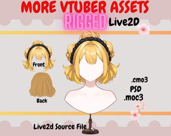 Puede incluir: Una ilustración digital de un personaje de anime rubio con una diadema negra y dos moños. El personaje lleva una camisa blanca y tiene la cara en blanco. La imagen está etiquetada como "MORE VTUBER ASSETS RIGGED Live2D" e incluye el texto ".cmo3 PSD .moc3".