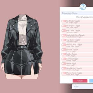 May include: A black leather jacket and skirt outfit with a white sweater and silver necklace. The skirt has a slit on the side. The image also shows a user interface with various toggle options.
