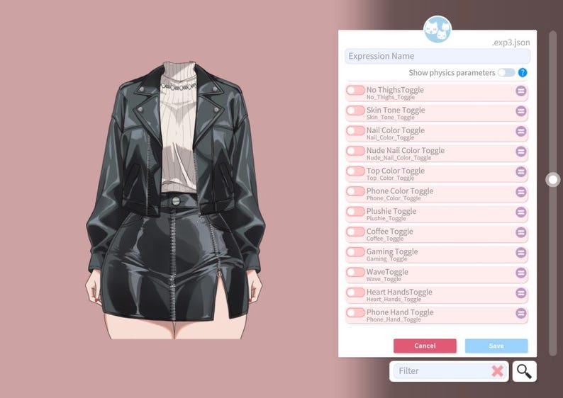 May include: A black leather jacket and skirt outfit with a white sweater and silver necklace. The skirt has a slit on the side. The image also shows a user interface with various toggle options.