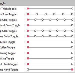 May include: A screenshot of a software interface titled "12 Toggles." The interface displays a list of toggle options, each with a slider and a numerical value. The toggles include options like "No Thighs Toggle," "Skin Tone Toggle," and "Phone Hand Toggle."