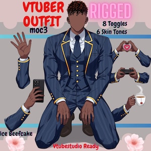 May include: Digital illustration of a male avatar in a navy blue pinstripe suit with gold trim. The image includes the text "VTUBER OUTFIT moc3" and "RIGGED 8 Toggles 6 Skin Tones". Additional floating arms hold a phone, controller, and teacup.