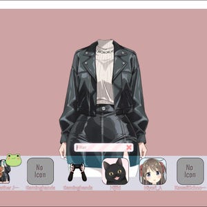 May include: A digital illustration of a virtual avatar wearing a black leather jacket, skirt, and a white top with a silver necklace. The background is a solid pink color. The image is from a VTube Studio interface.
