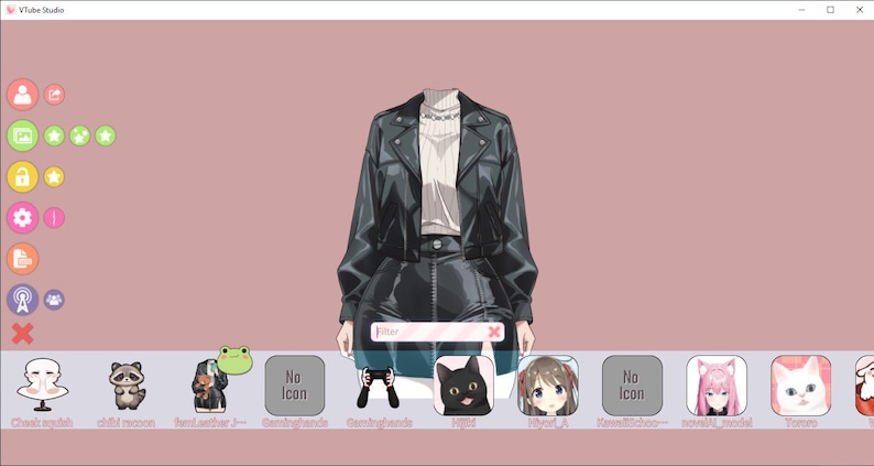 May include: A digital illustration of a virtual avatar wearing a black leather jacket, skirt, and a white top with a silver necklace. The background is a solid pink color. The image is from a VTube Studio interface.