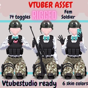 May include: VTuber asset featuring a Fem Soldier character in three poses. The character wears a helmet, tactical vest, and camouflage pants. One pose makes a heart with hands, another holds a rifle, and the last takes a selfie. Text includes "14 toggles", "Rigged", "Vtubestudio ready", and "6 skin colors".
