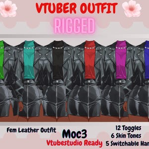 May include: A digital illustration of a Fem Leather Outfit, showcasing a black leather jacket and skirt paired with various colored tops. The image includes text that reads "VTUBER OUTFIT RIGGED", "Fem Leather Outfit", "Moc3", "Vtubestudio Ready", and details about toggles, skin tones, and switchable hands.
