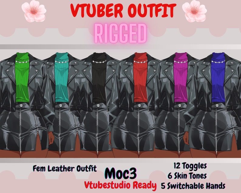 May include: A digital illustration of a Fem Leather Outfit, showcasing a black leather jacket and skirt paired with various colored tops. The image includes text that reads "VTUBER OUTFIT RIGGED", "Fem Leather Outfit", "Moc3", "Vtubestudio Ready", and details about toggles, skin tones, and switchable hands.