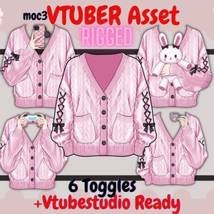 Free-ish Vtuber Asset - Rigged Pink Knitted Cardigan| CozyLive2dAsset, Vtuber Hand holding bunny ,moc3 + 7Transparent Background PNG ,kawaii