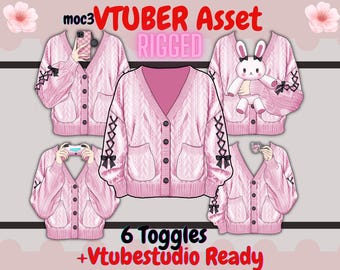 Opgetuigd roze gebreid vest Vtuber Asset: Cosy Live2D, Bunny (moc3 + png) kawaii