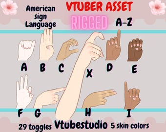 Geanimeerde Vtuber-hand met ASL-alfabet: 5 huidskleuren