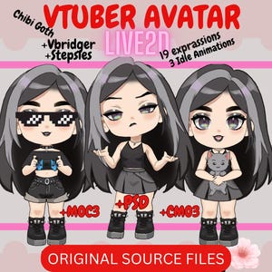 OG files-Kawaii Goth Chibi Live2D VTuber Model: 19 Expressions (PSD, MOC3) (Digital Download)
