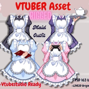 Puede incluir: La imagen presenta cuatro diseños de atuendos de doncella para un activo VTuber. Los atuendos son en negro, morado, azul claro y rosa, cada uno con un delantal blanco y adornos con volantes. El texto incluye "VTUBER Asset RIGGED Maid Outfit +Vtubestudio Ready +PSD 163 layers +LIVE2D Original FILES."