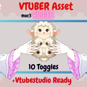 Puede incluir: Un activo digital para VTuber, con un personaje de oveja de dibujos animados. La imagen incluye el texto "VTUBER Asset RIGGED" y "10 Toggles + Vtubestudio Ready". La oveja es sostenida por manos con mangas blancas y volantes rosas.