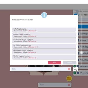 May include: Screenshot of a VTube Studio interface with a pop-up window asking "What do you want to do?". The window lists several options, including "Coffe Toggle", "Gaming Toggle", and "Heart Hands Toggle". The interface is set against a pink background.