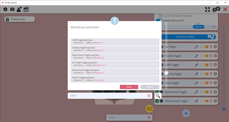 May include: Screenshot of a VTube Studio interface with a pop-up window asking "What do you want to do?". The window lists several options, including "Coffe Toggle", "Gaming Toggle", and "Heart Hands Toggle". The interface is set against a pink background.
