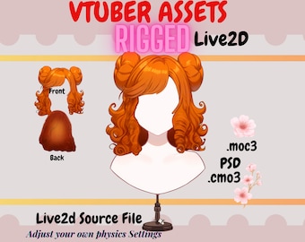 May include: A digital illustration of a red-haired anime character with curly hair styled in two buns. The character is wearing a white shirt and is on a stand. The image includes the text "VTUBER ASSETS RIGGED Live2D" and "Live2d Source File Adjust your own physics Settings".