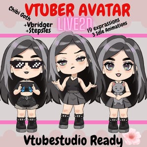 Kawaii Goth Chibi Live2D Vtuber Gesichtsmaske: Vollständig manipuliertes Modell (Instant Download).